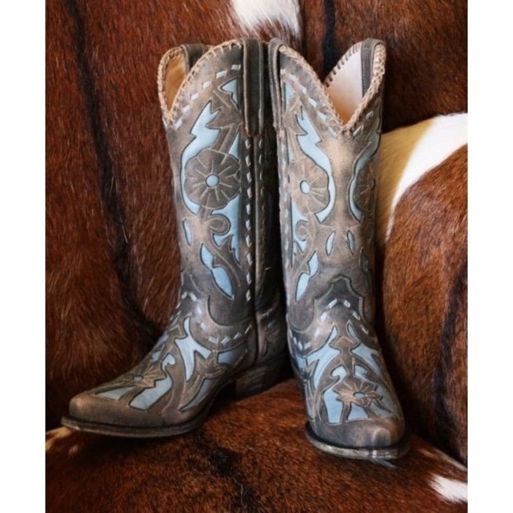 Lane Jolene Tooled Inlay Floral Snip Toe Tall Cowboy Boots‎ 7 Blue Grey Western